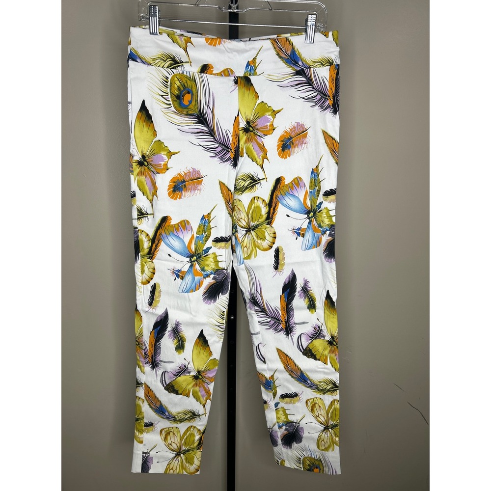 Krazy‎ Larry Womens 12 Butterfly Peacock Feather Print Pull On Ankle Pants White